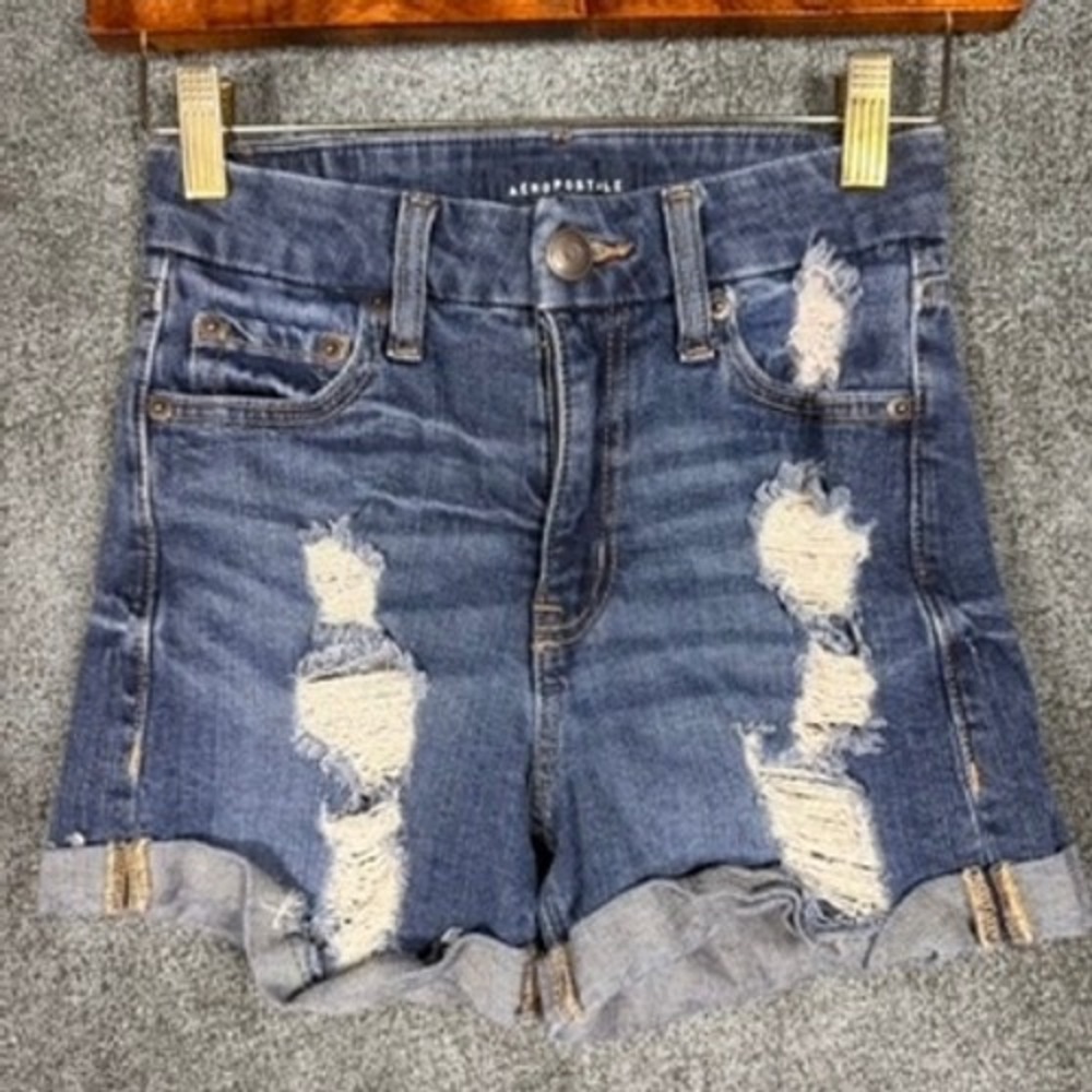 Aeropostale Junior 0 High Waisted Distressed Denim Shorts Cuffed Blue